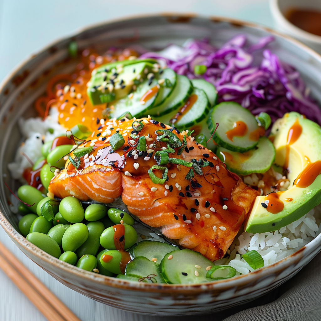 A bowl of food with salmon, avocado, cucumber, and beans.