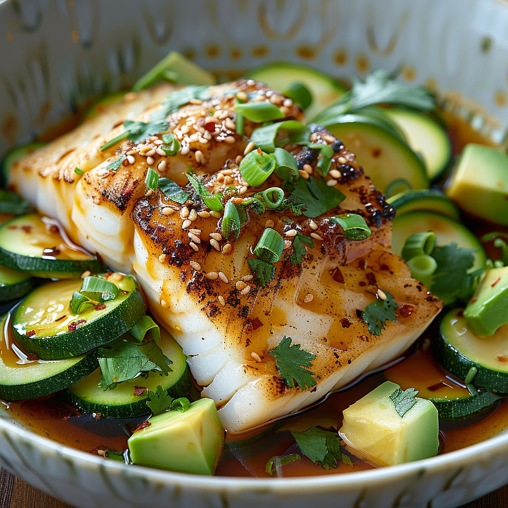 A bowl of food with fish and vegetables.