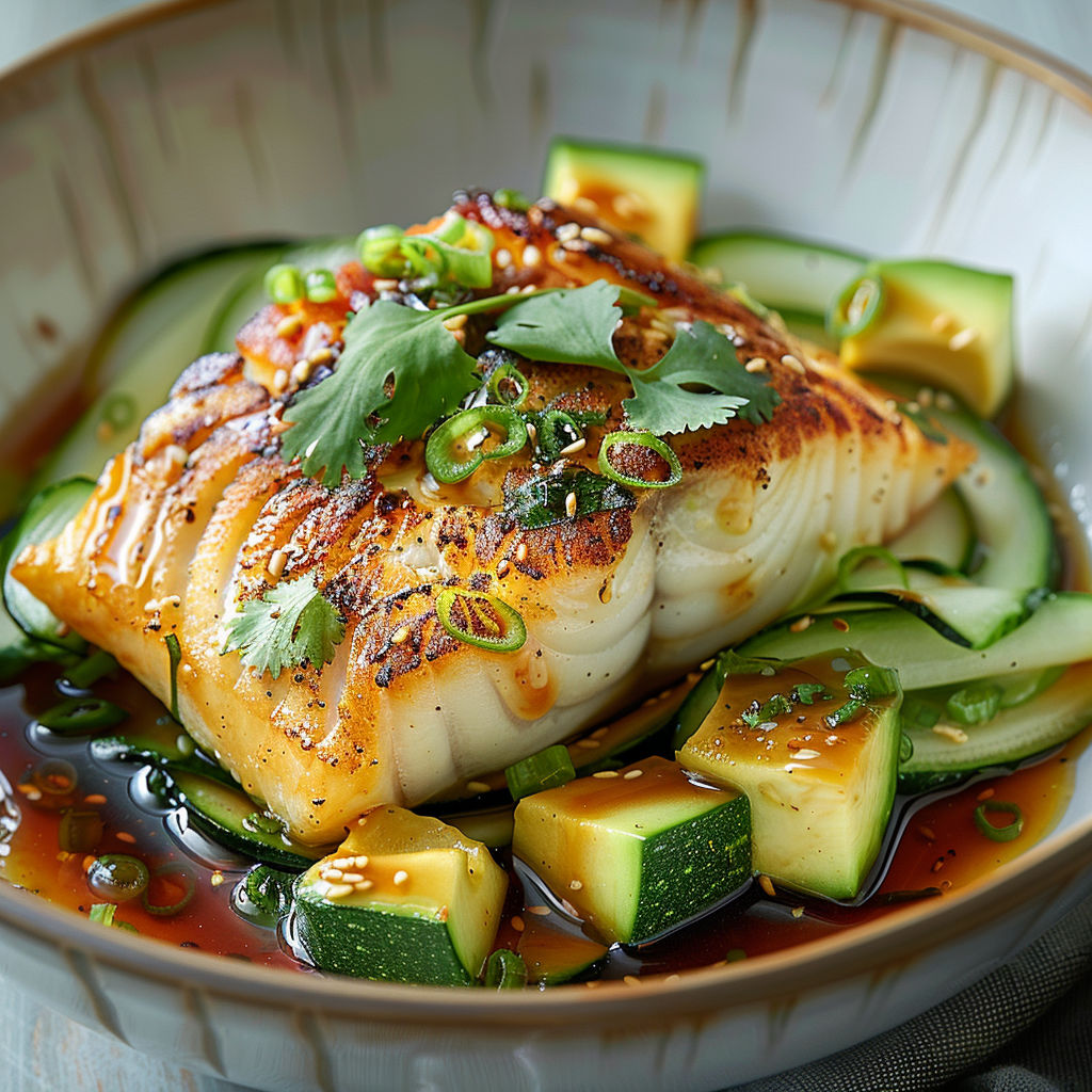 A bowl of food with fish and vegetables.