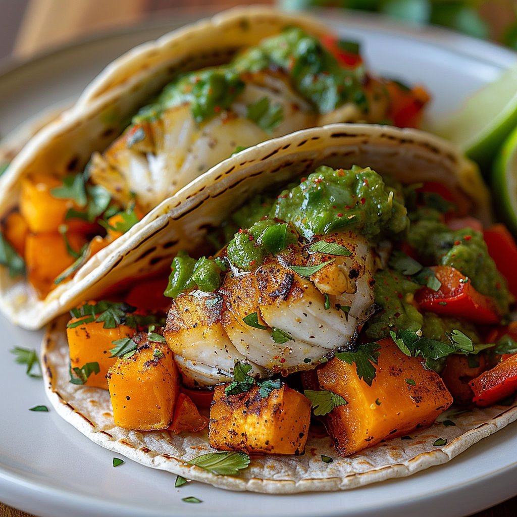Two tacos with fish, vegetables, and sauce.