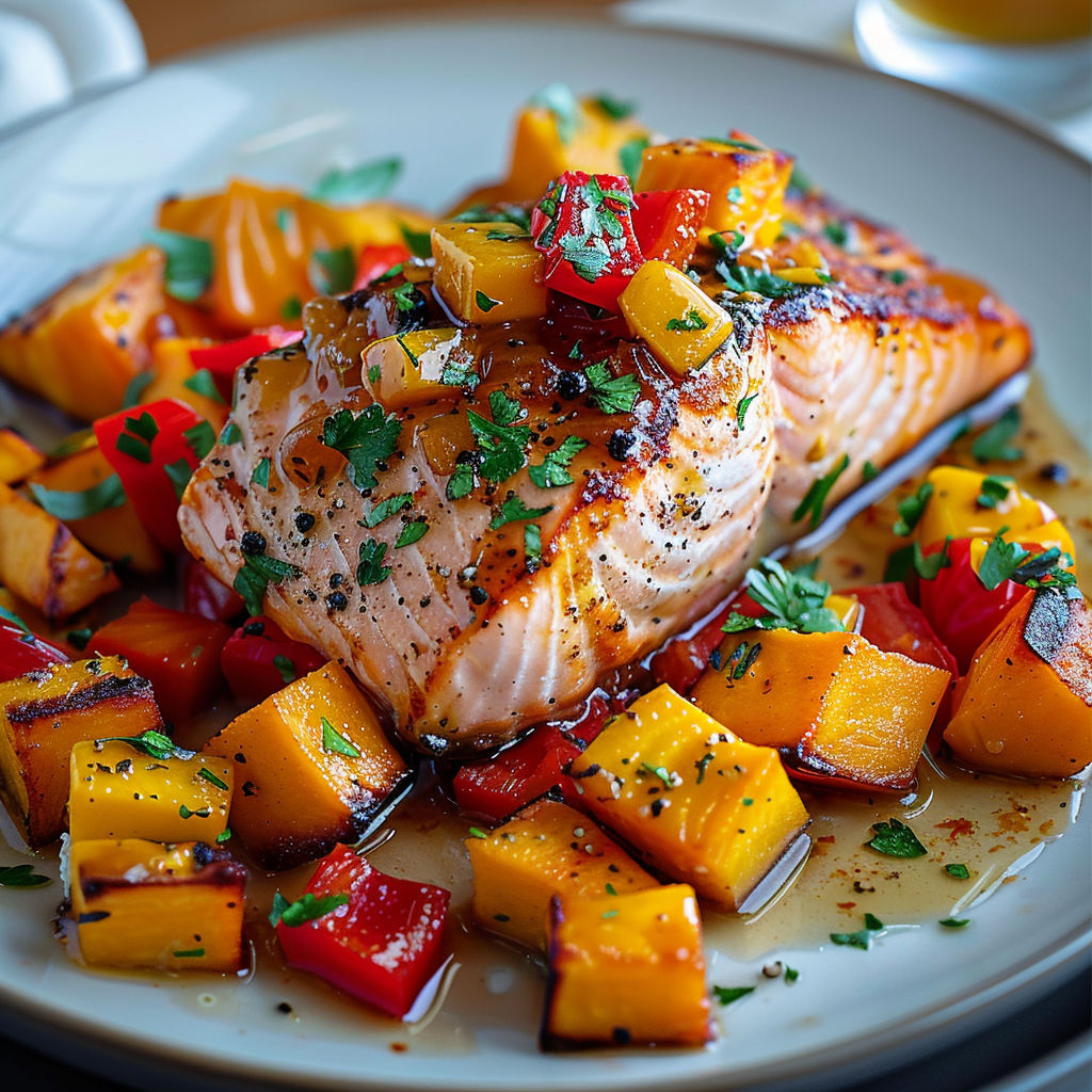 A plate of food with a salmon fillet and a variety of vegetables.