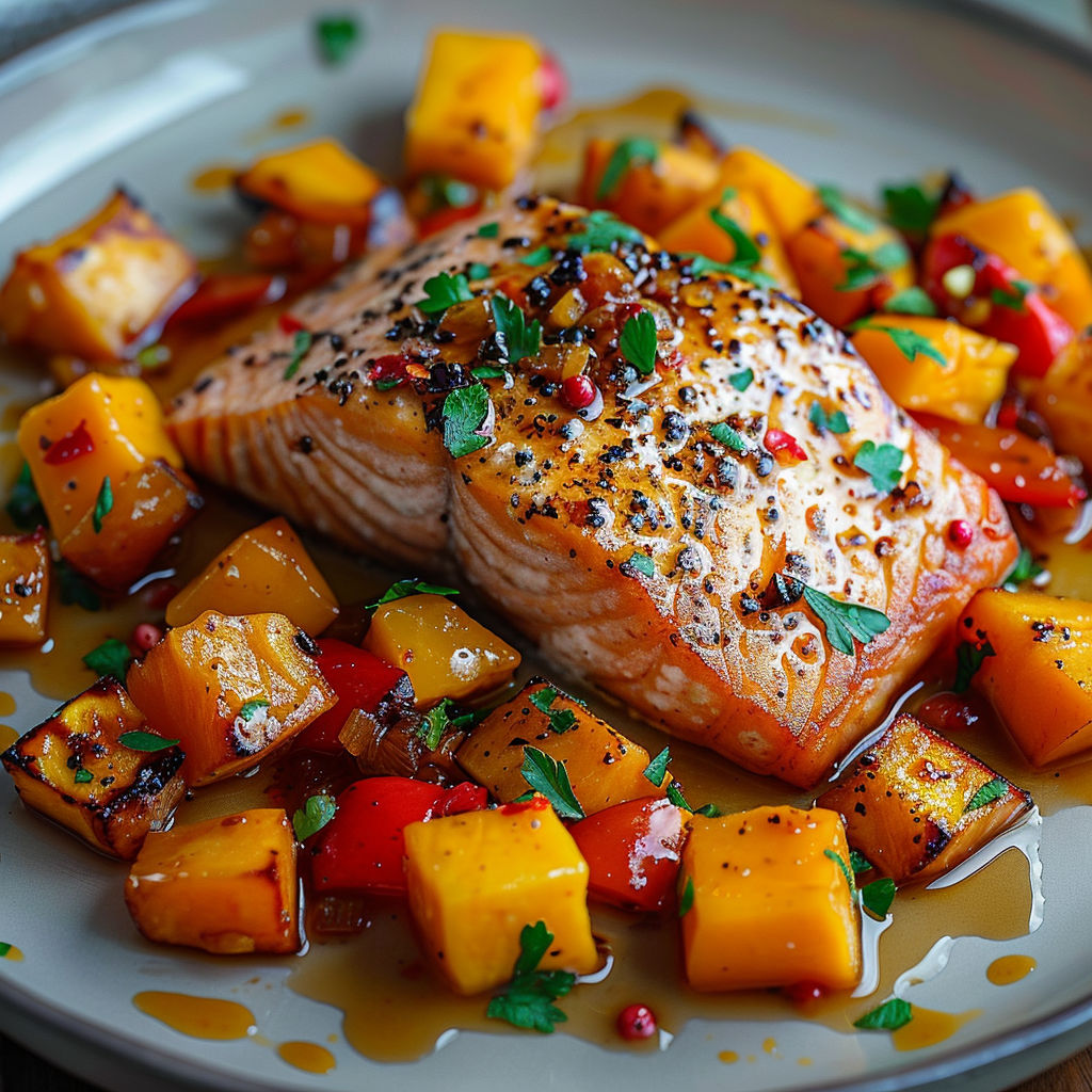 A plate of food with a salmon fillet and a variety of vegetables.