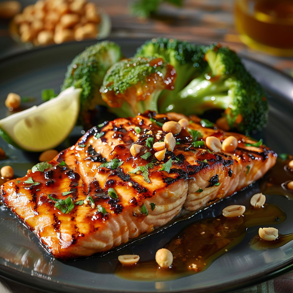 A plate of grilled salmon with broccoli and nuts.