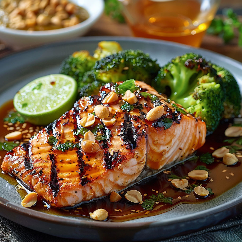 A plate of grilled salmon with broccoli and a lime wedge.