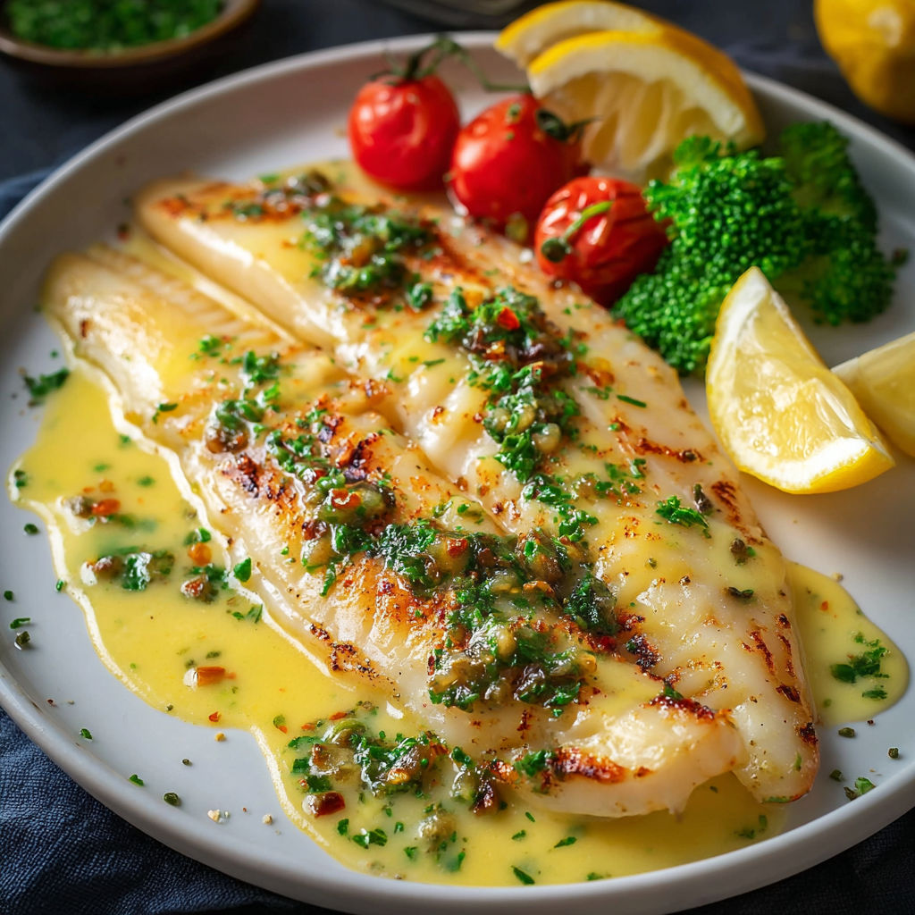A plate of fish with lemon and tomato.