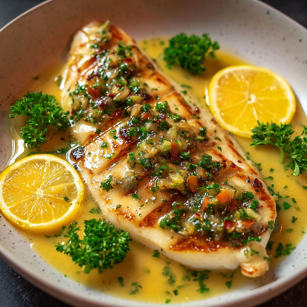 A plate of food with a fish dish and lemon wedges.