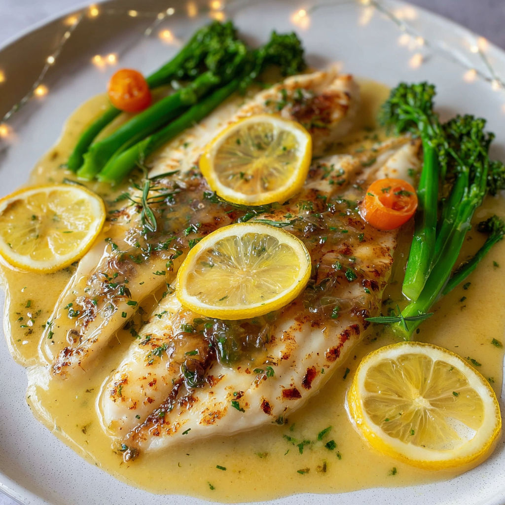A plate of fish with lemon slices and broccoli.