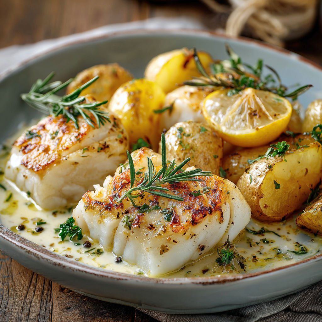 A plate of food with a lemon, potatoes, and scallops.