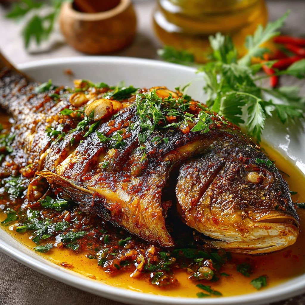 A poisson braisé à la camerounaise is served on a plate.