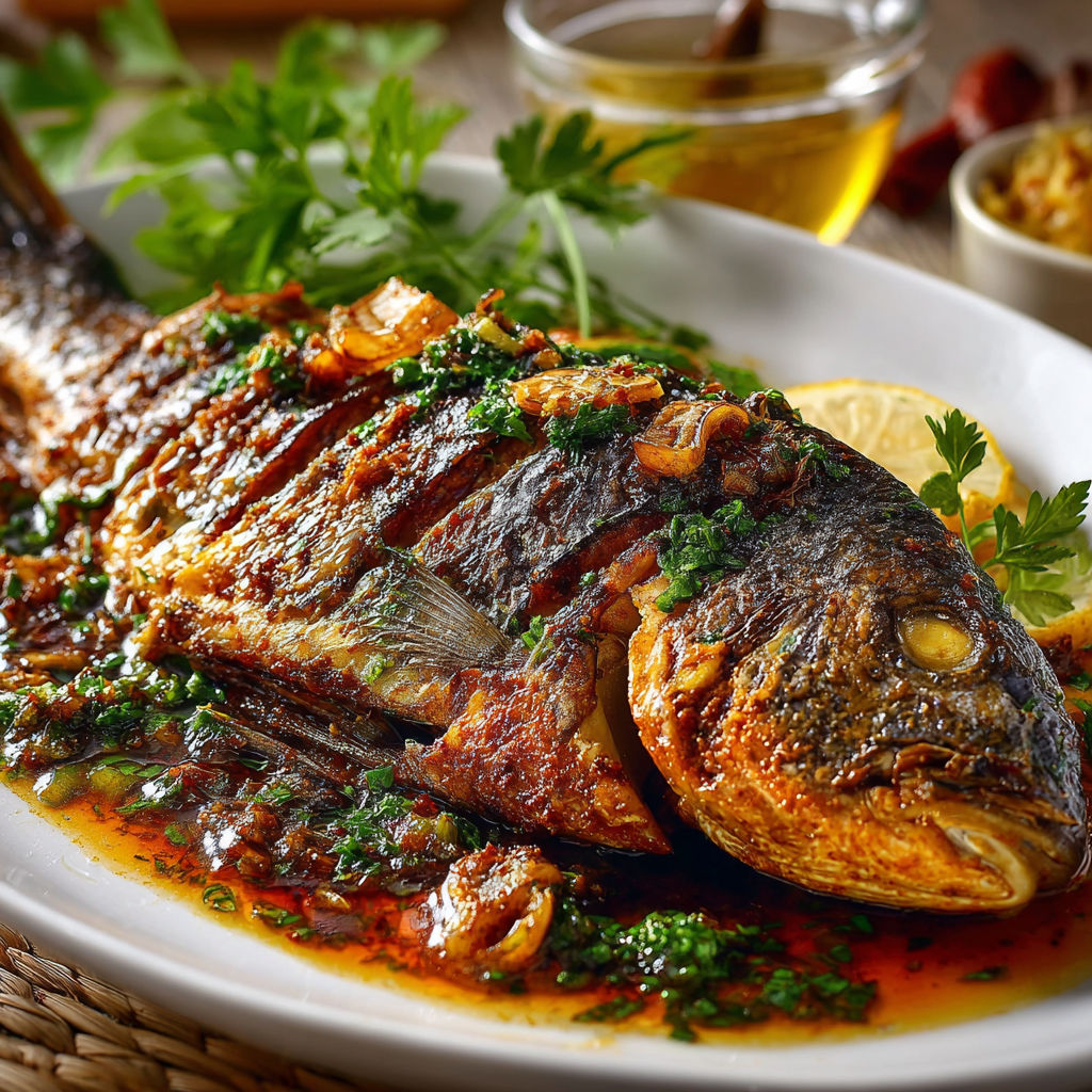 A fish is cooked with herbs and spices.