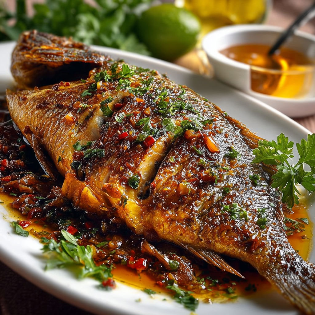 A fish is cooked with a sauce and garnished with herbs.