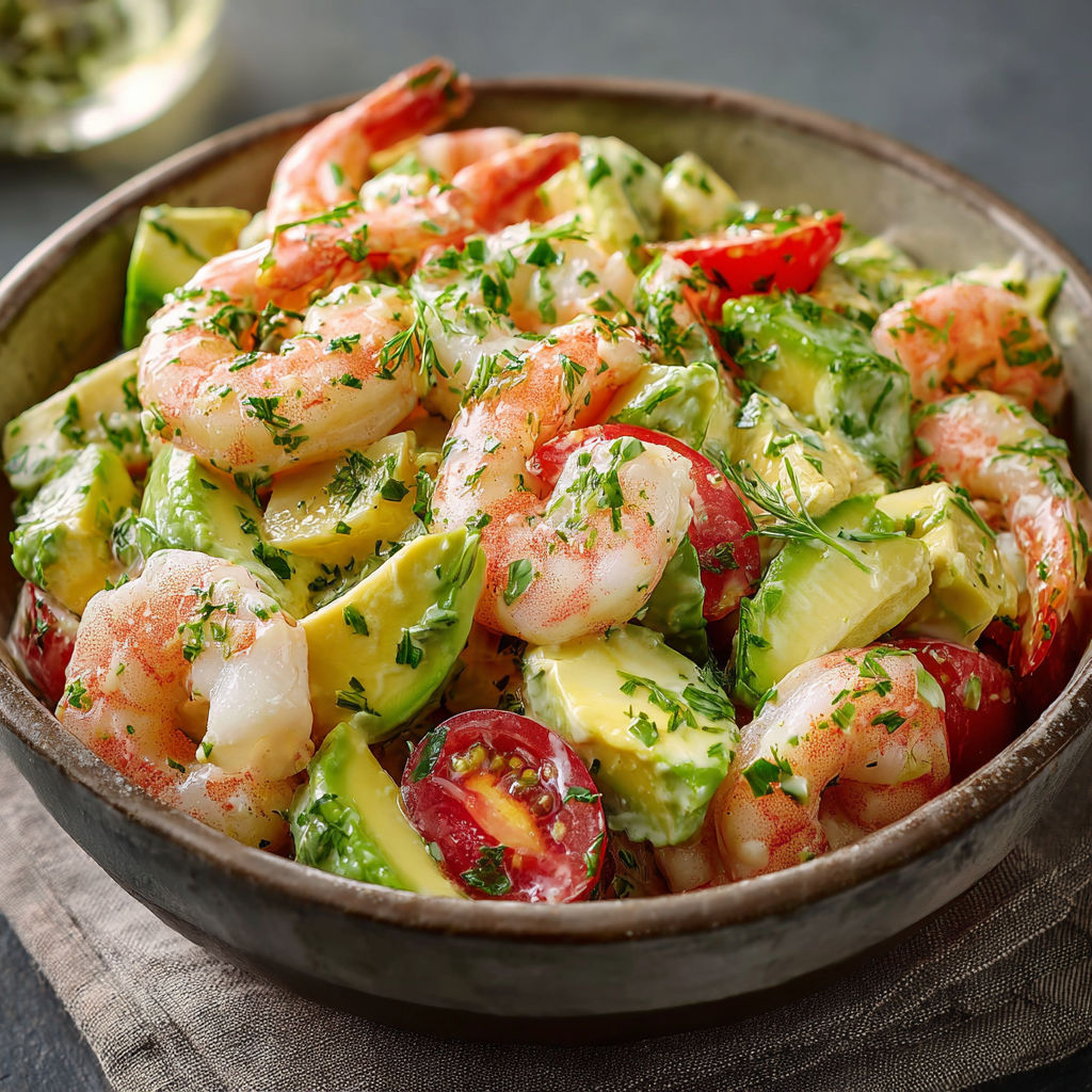 A bowl of shrimp salad with avocado and creme.