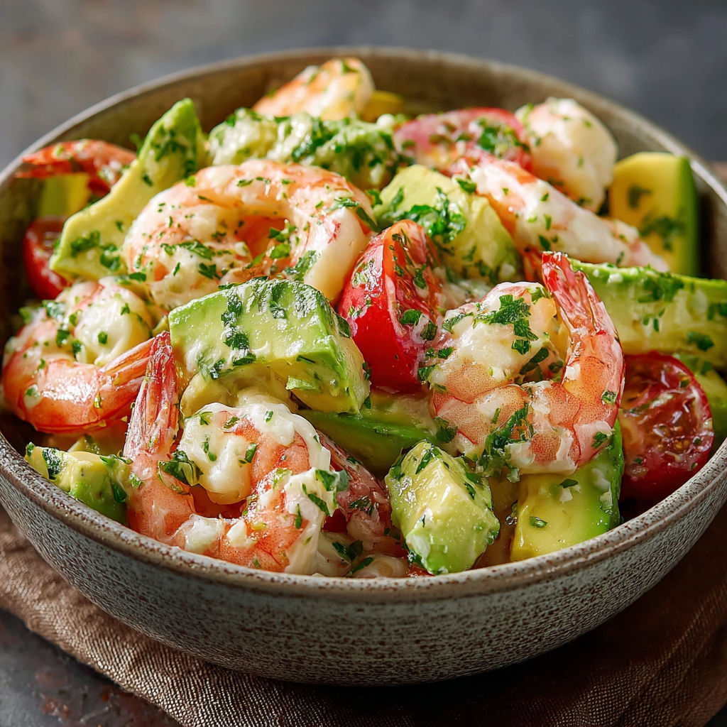 A bowl of shrimp and vegetables.