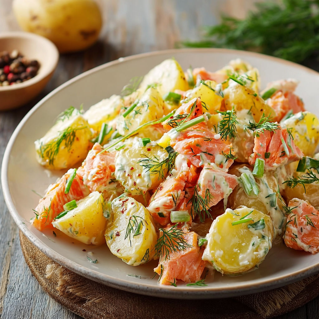 A plate of food with potatoes, salmon, and herbs.