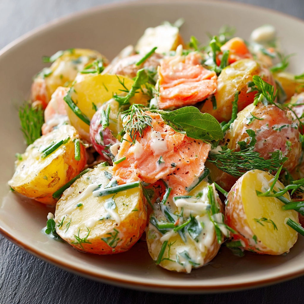 A bowl of food with potatoes, salmon, and greens.