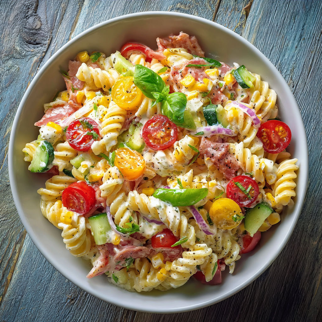 A bowl of pasta with tomatoes, corn, and ham.