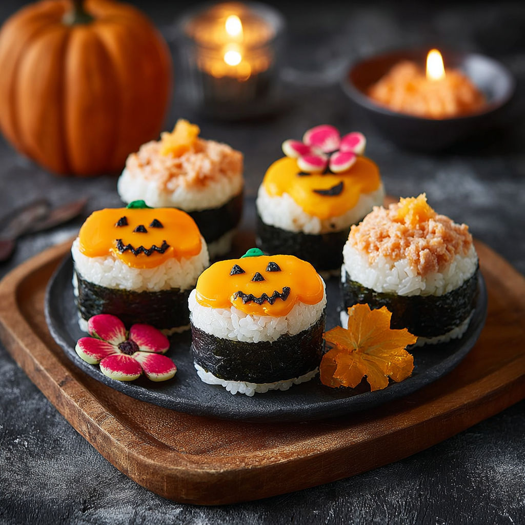 A plate of rice with a pumpkin face on it.