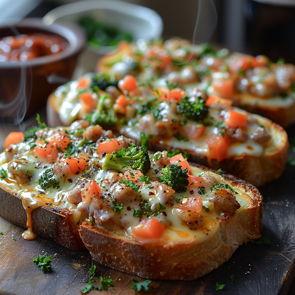 A close up of a toasted sandwich with tomatoes and broccoli.
