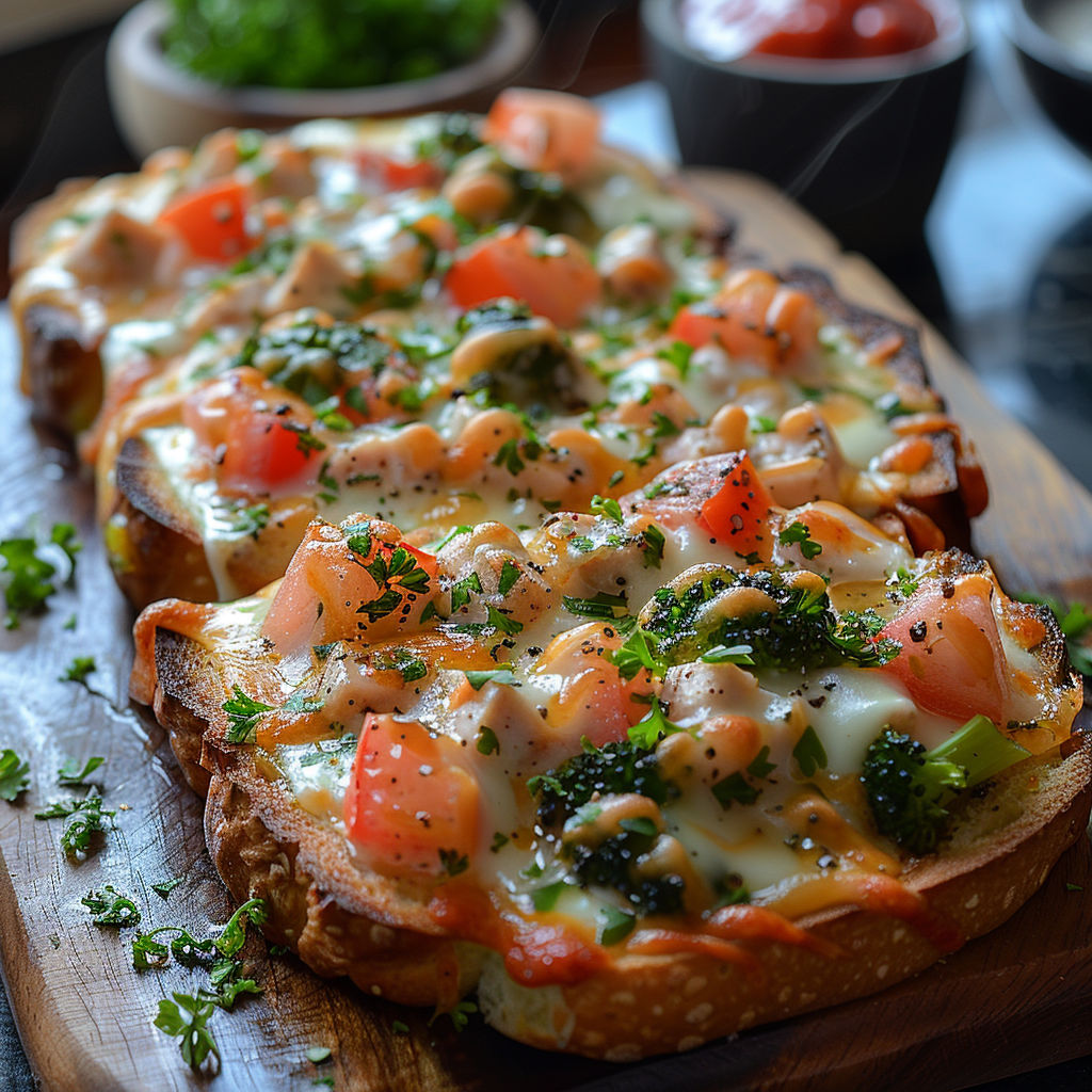 A pizza with tomatoes and broccoli on top.