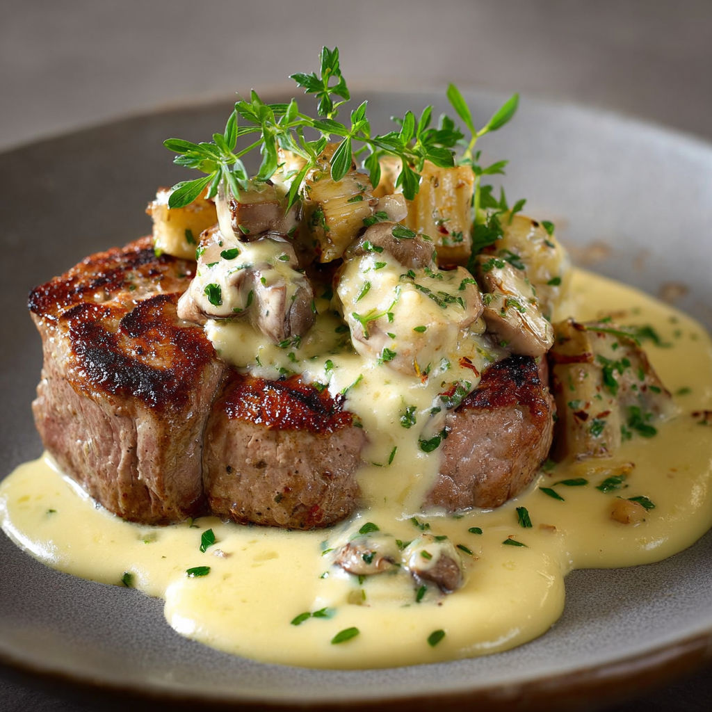 A plate of food with a filet mignon and mushrooms.