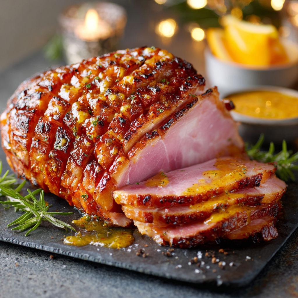 A ham is on a black plate.