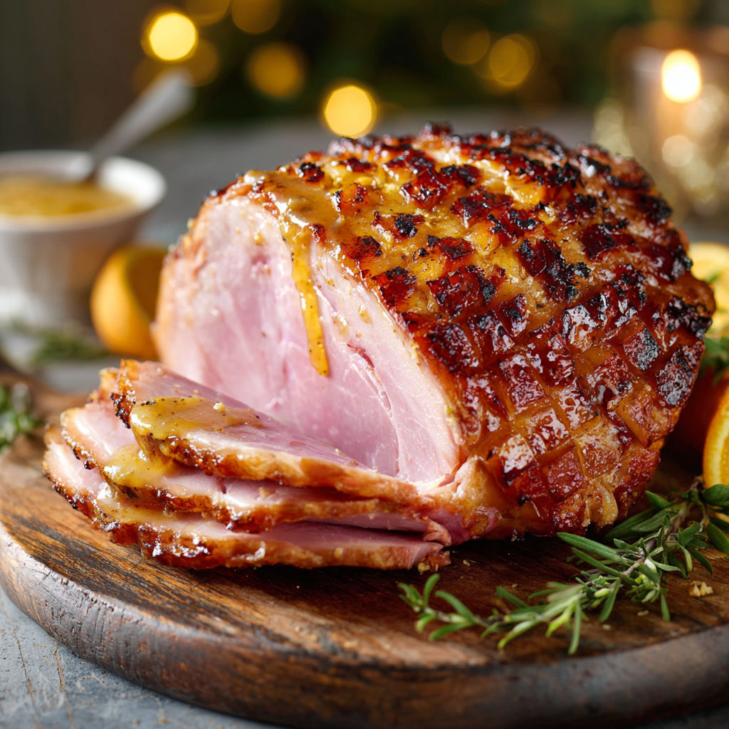 A roasted ham on a wooden platter.