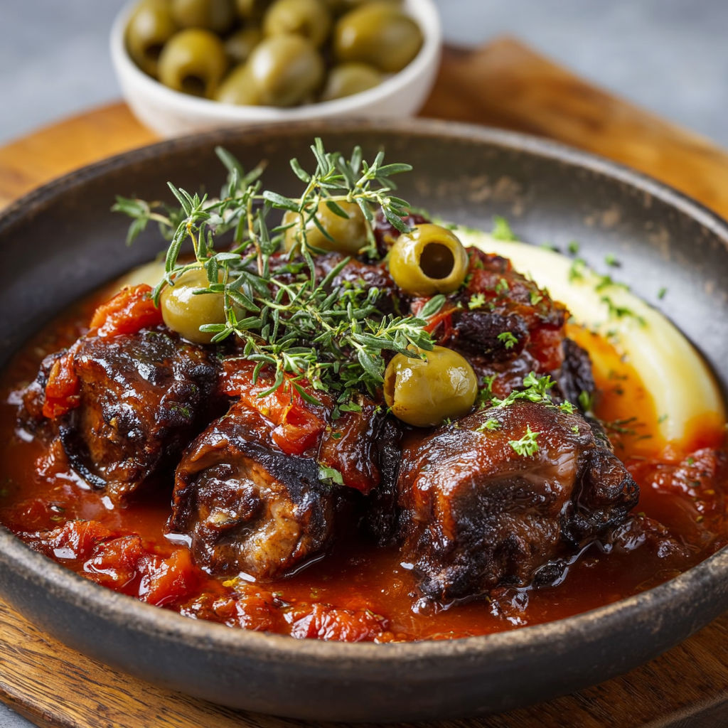 A bowl of meat with olives and tomatoes.