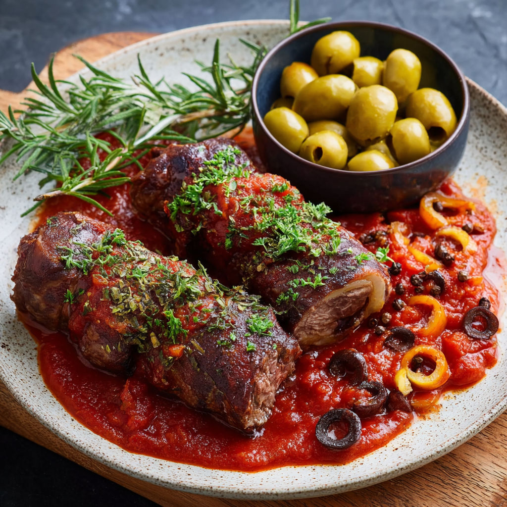 A plate of food with meat, olives, and herbs.