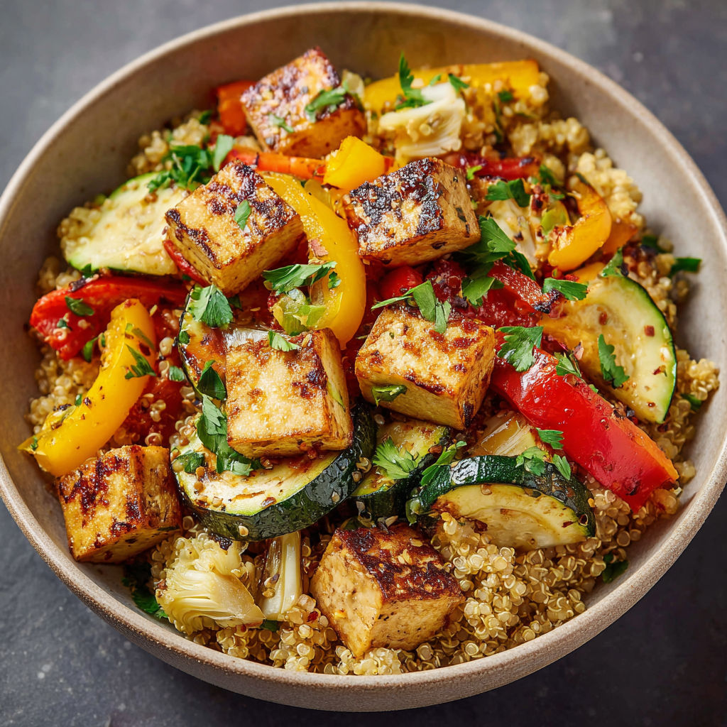 A bowl of food with a variety of vegetables and tofu.