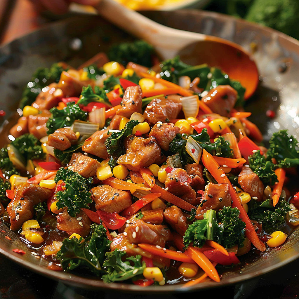 A bowl of food with meat, broccoli, and corn.