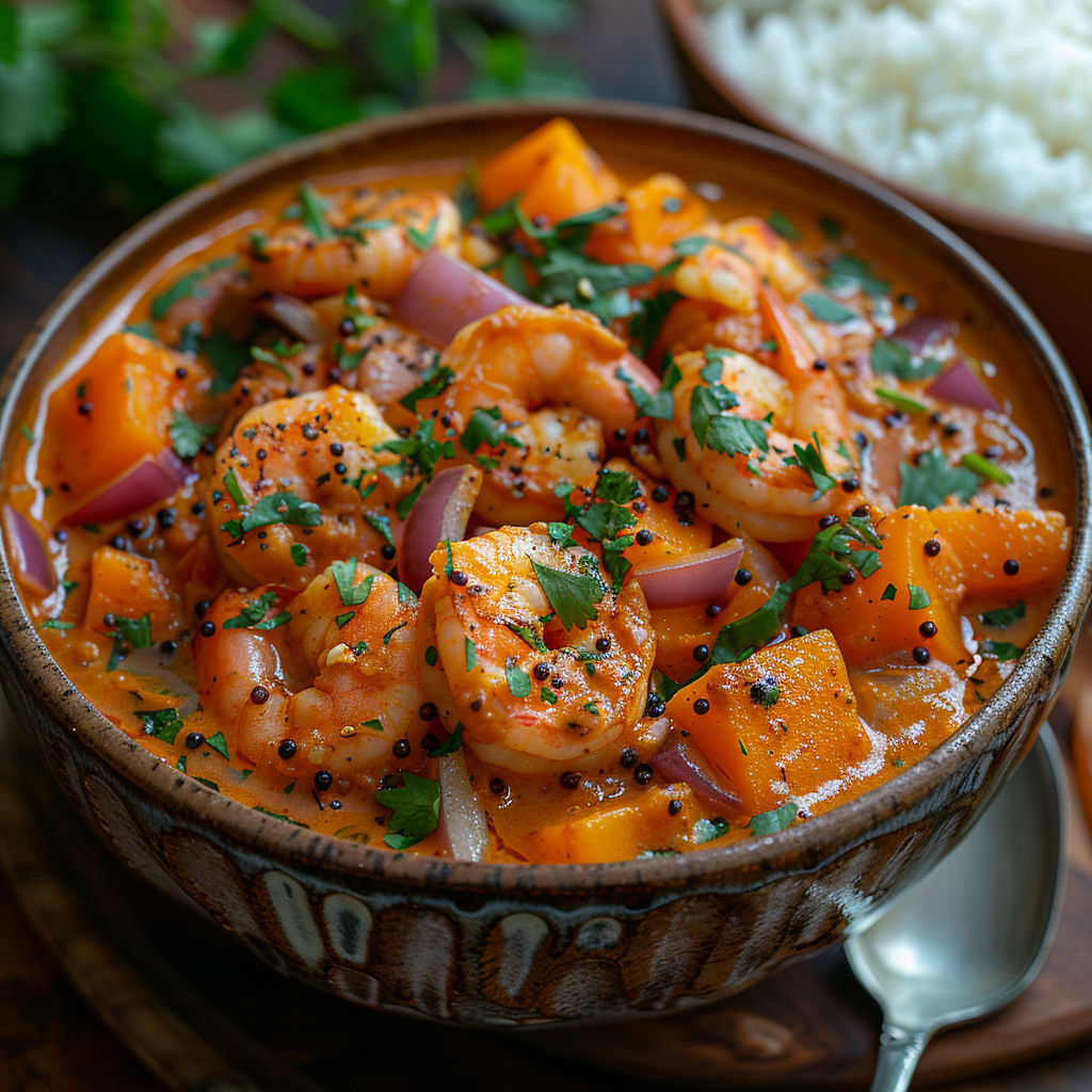 A bowl of curry with shrimp and butternut squash.