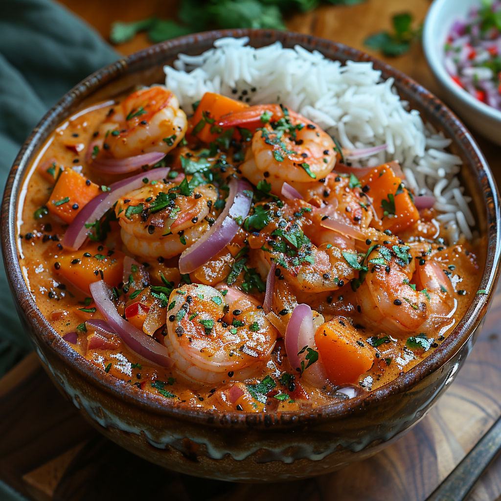 A bowl of shrimp and rice with onions and peppers.