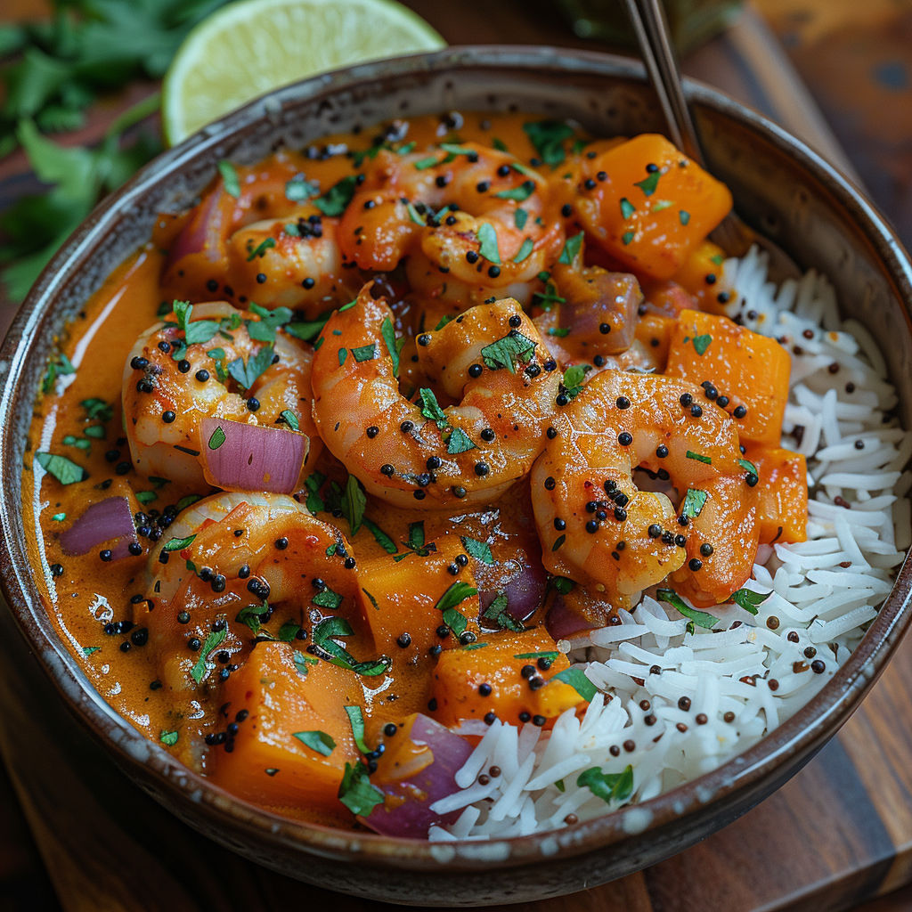 A bowl of shrimp and rice with a spoon in it.