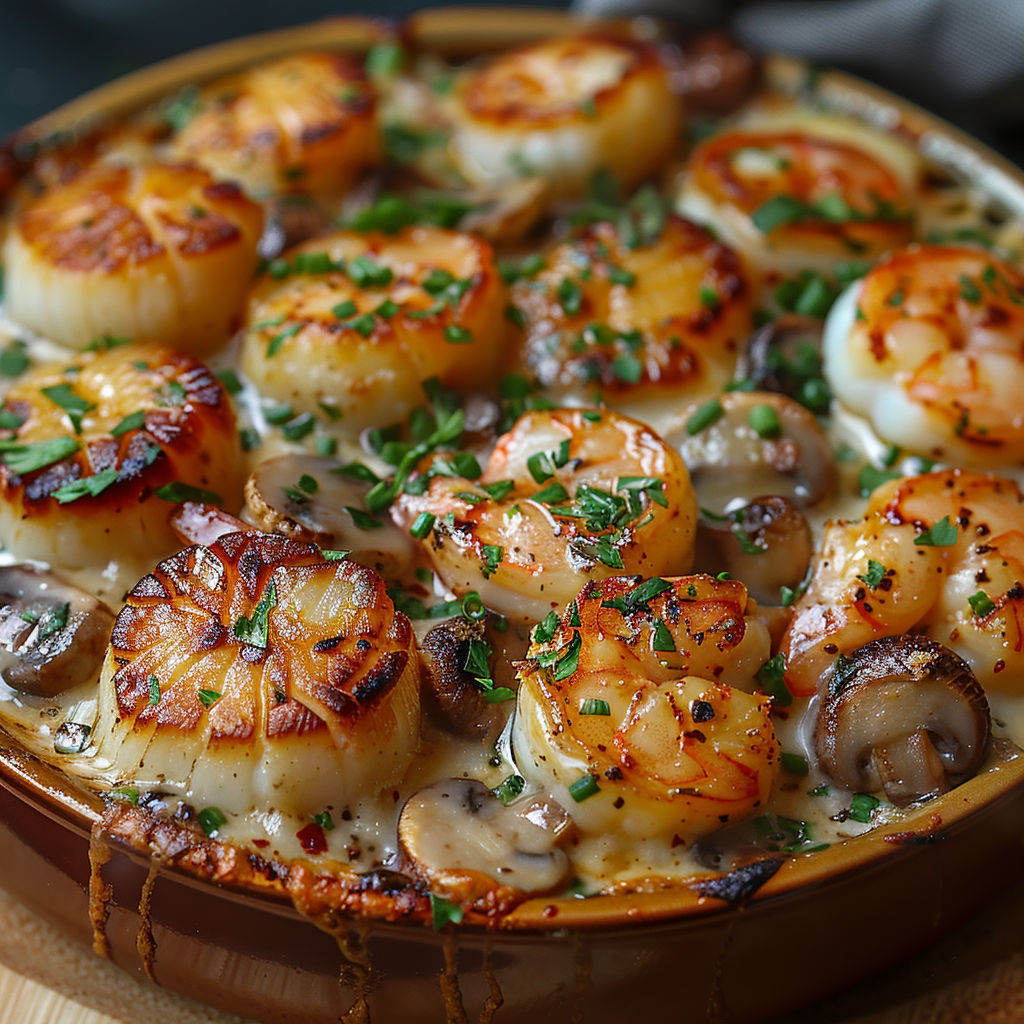 A dish of food with shrimp, mushrooms, and other vegetables.