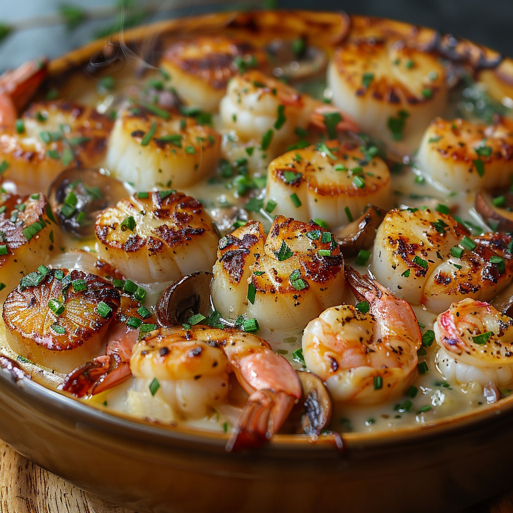 A bowl of food with shrimp and mushrooms.