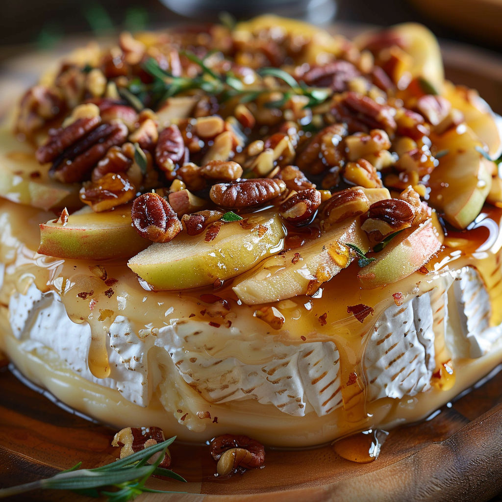 A cheese cake with a brown sauce and nuts on top.