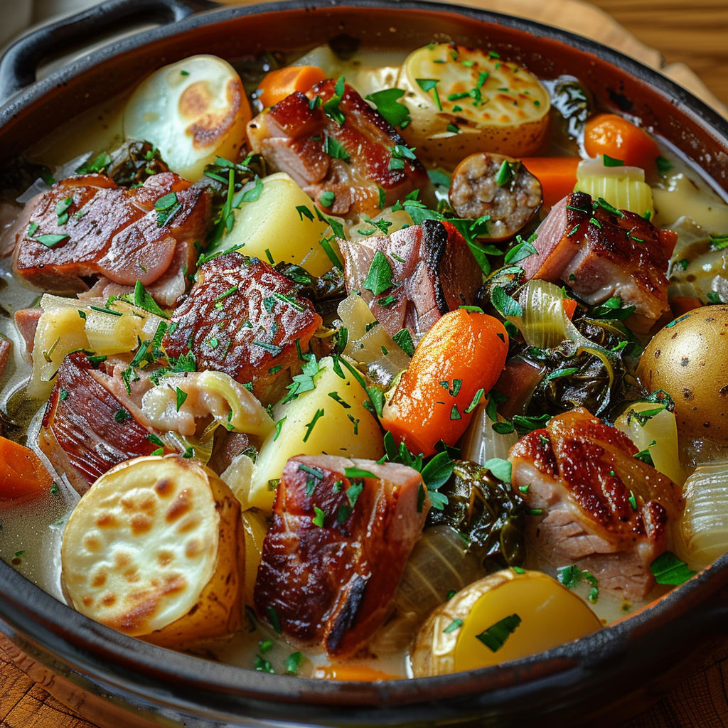 A pot of meat and vegetables.