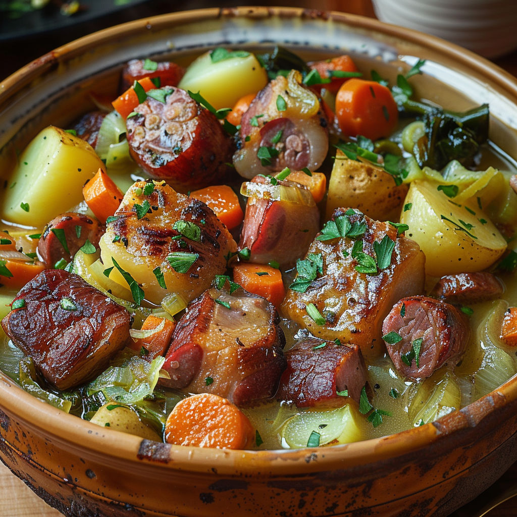 A bowl of food with meat and vegetables.