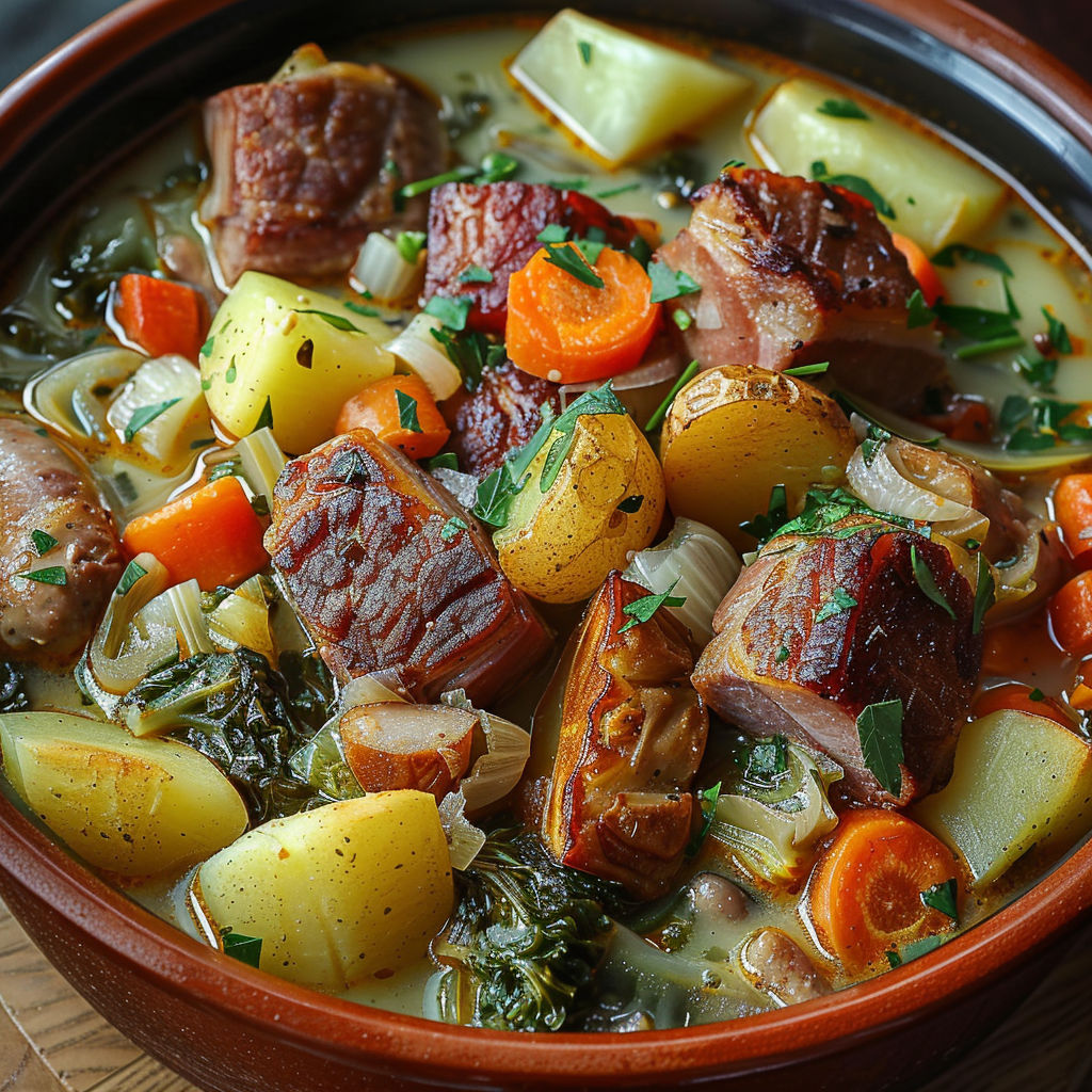 A bowl of soup with meat and vegetables.
