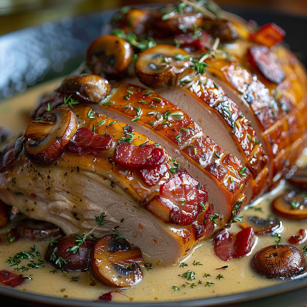 A roast with mushrooms and herbs on top.