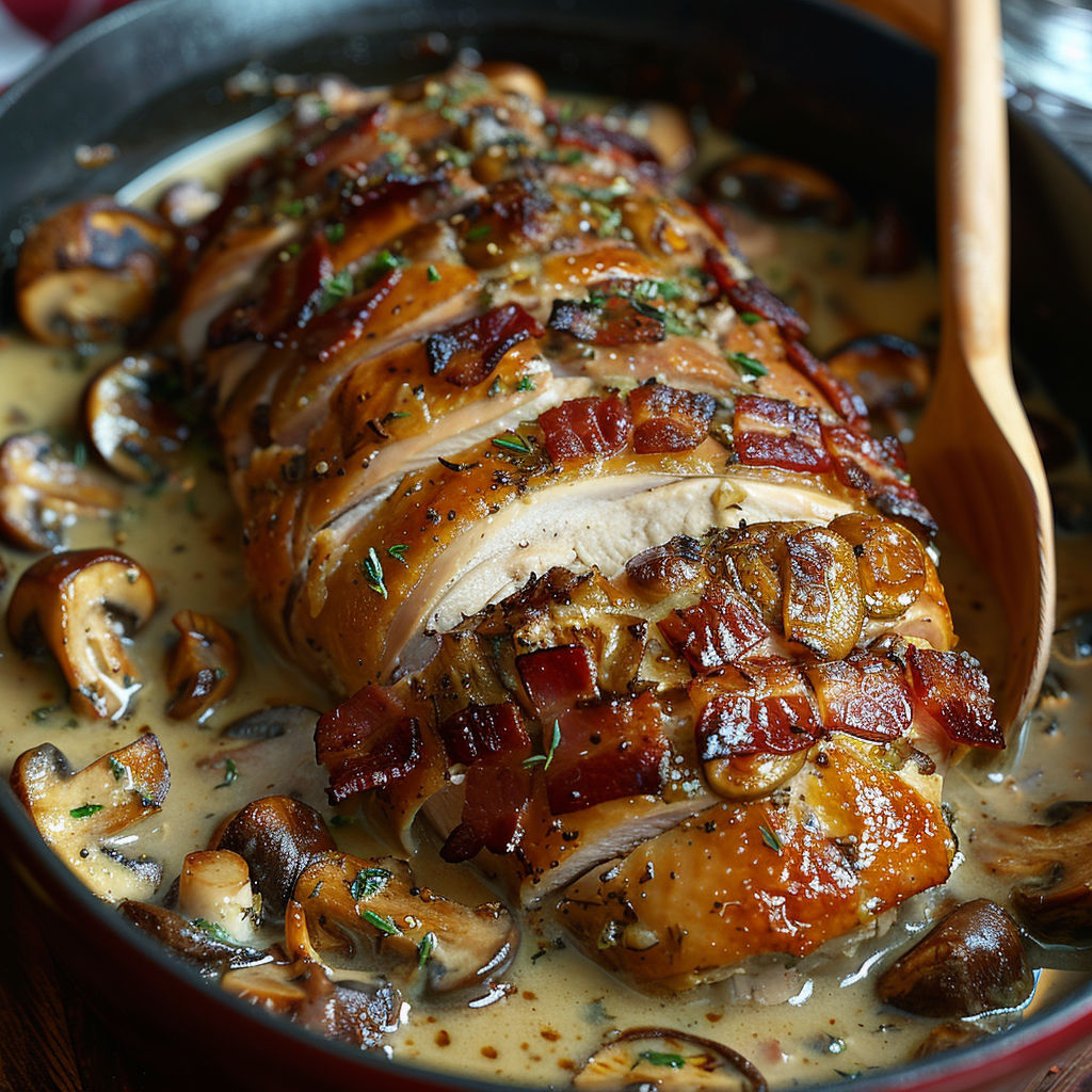 A roast with mushrooms and bacon.