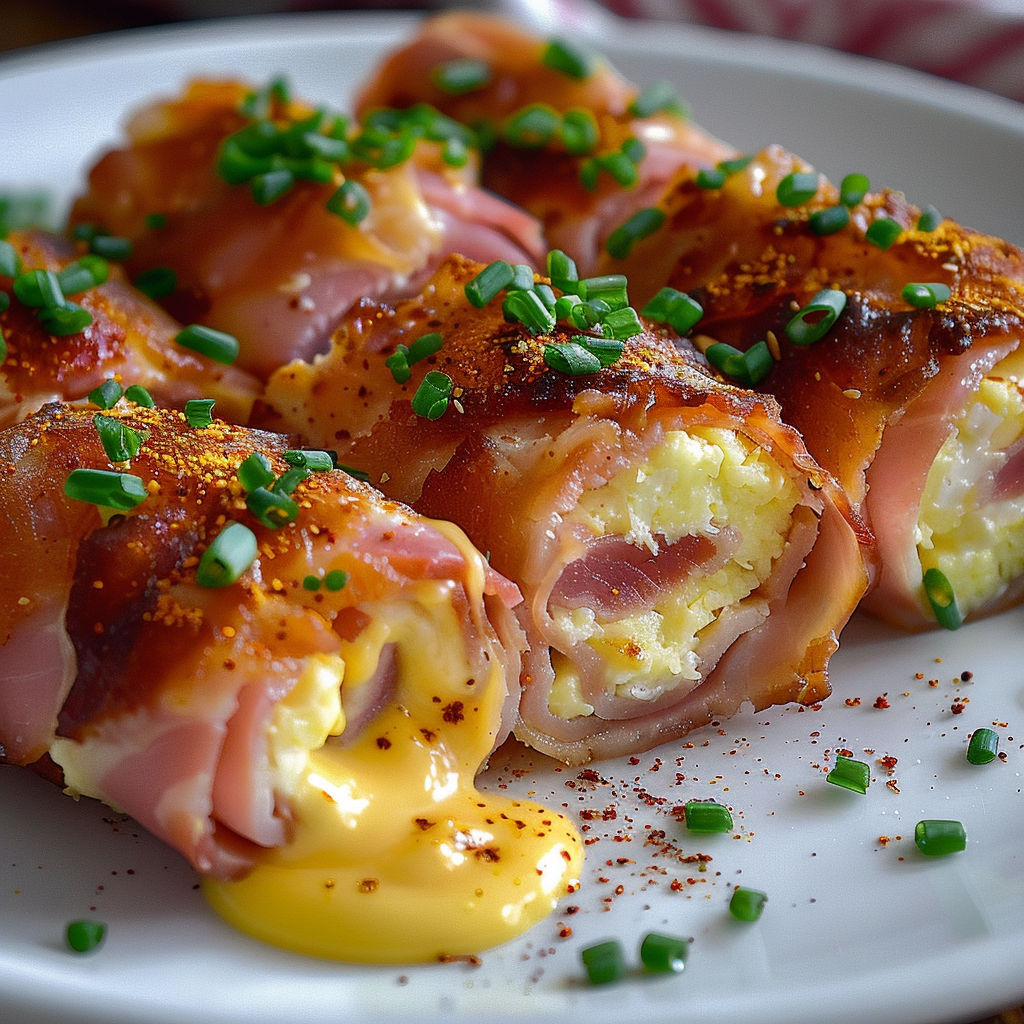 A plate of food with ham and eggs.