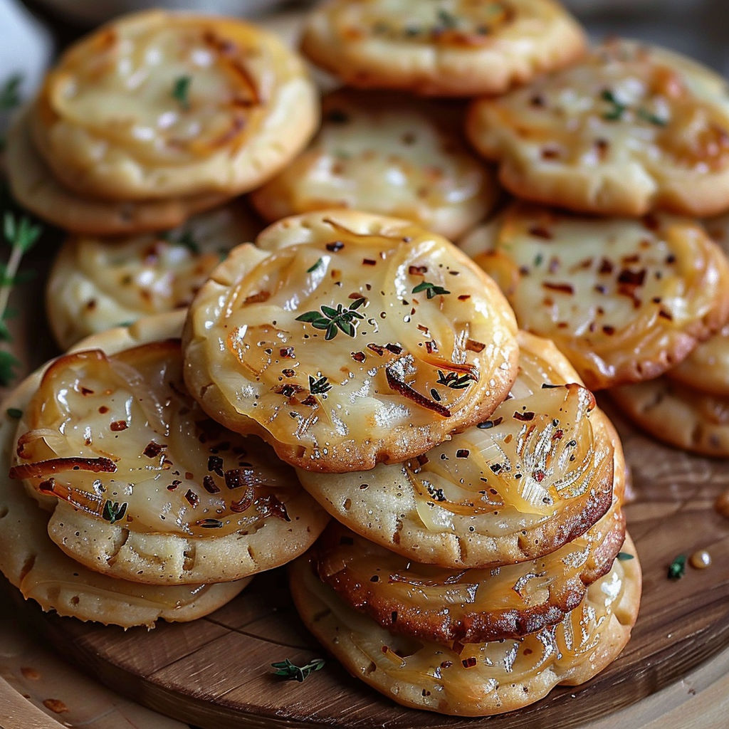 A stack of cookies with cheese and onions.