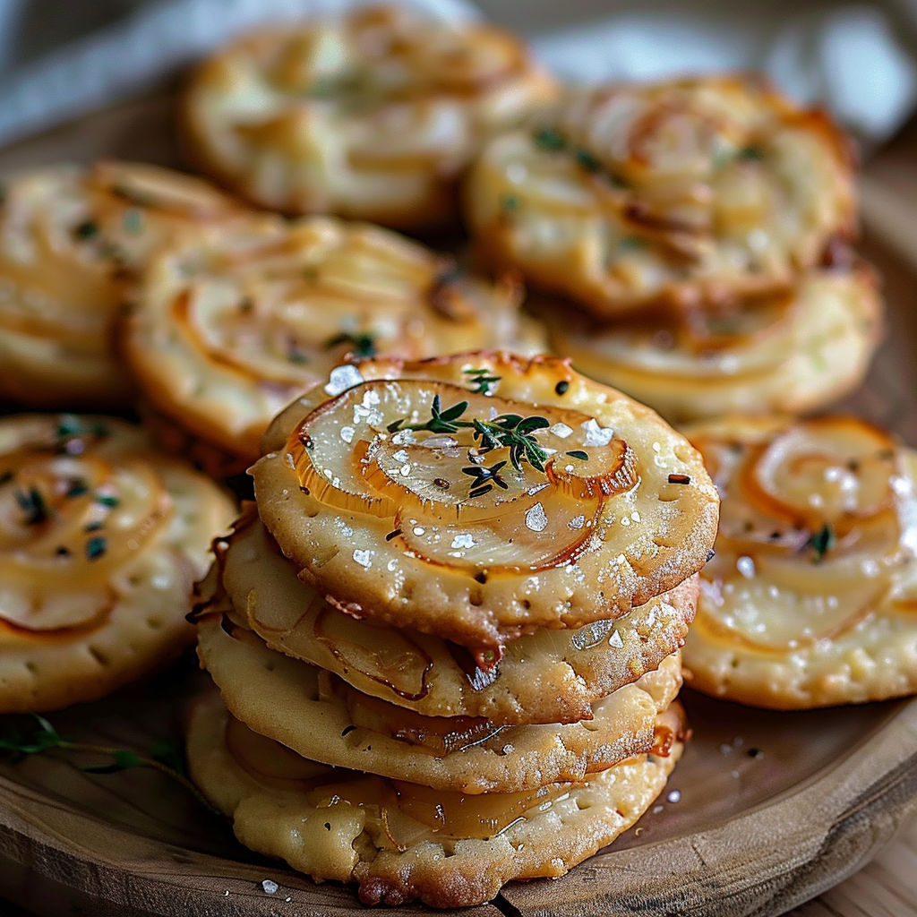 A stack of cookies with onions and comté.