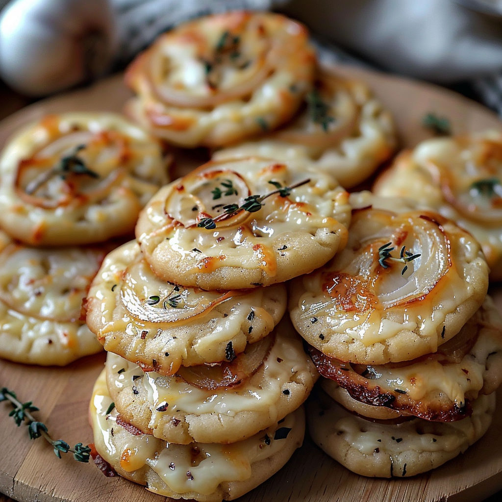 A stack of cookies with onions and cheese.