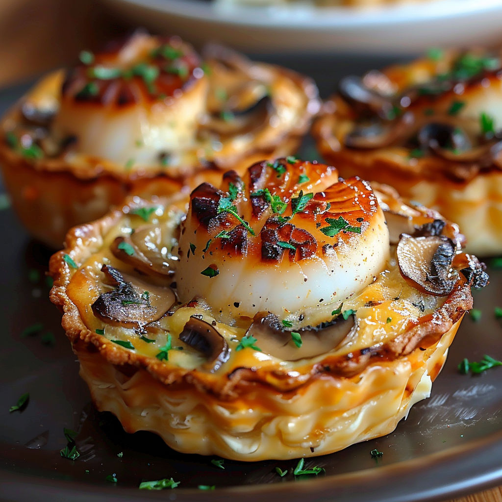 A plate with two mushroom and onion filled pastries.