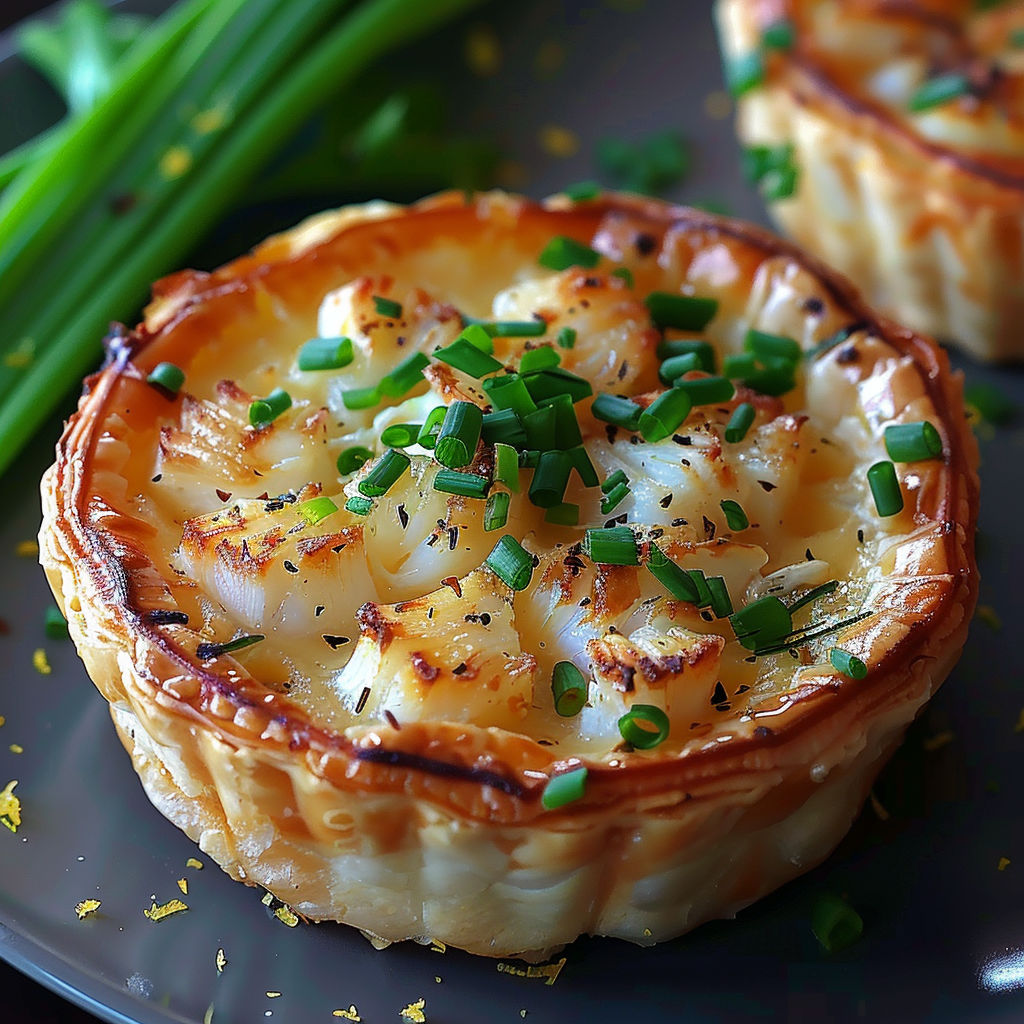 A plate with two tartelettes filled with crab and herbs.