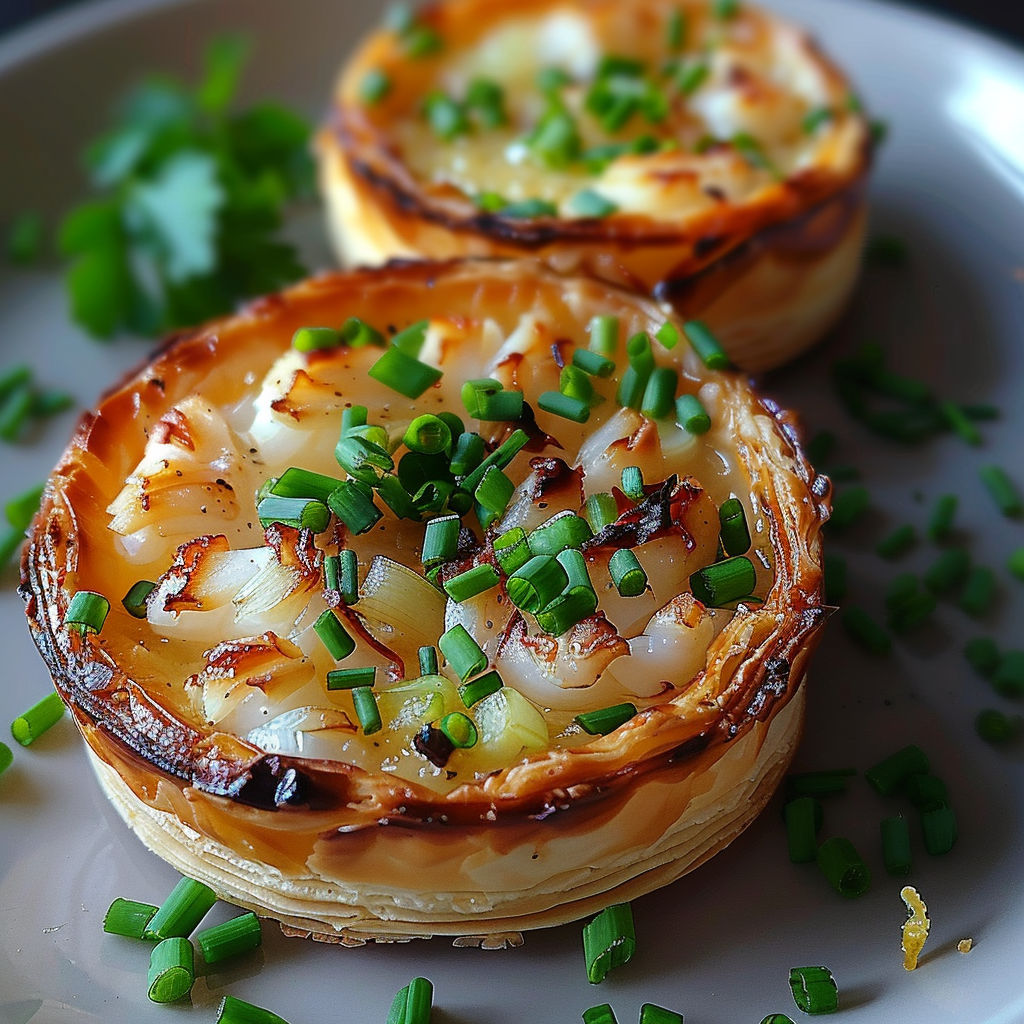 Two small pies with green toppings on a plate.
