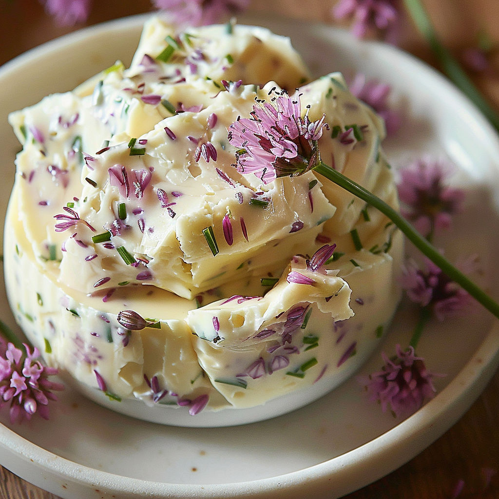 A bowl of butter with purple flowers.