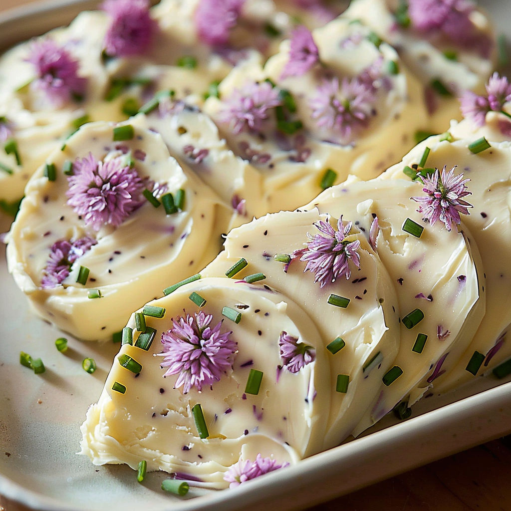A plate of food with purple flowers on it.